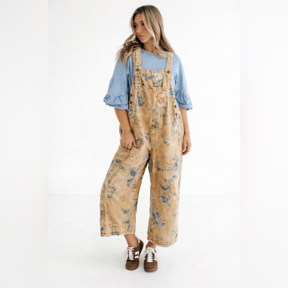 Easel Floral Tan Wide-Leg Overalls with Blue Print.   "Sold Out"